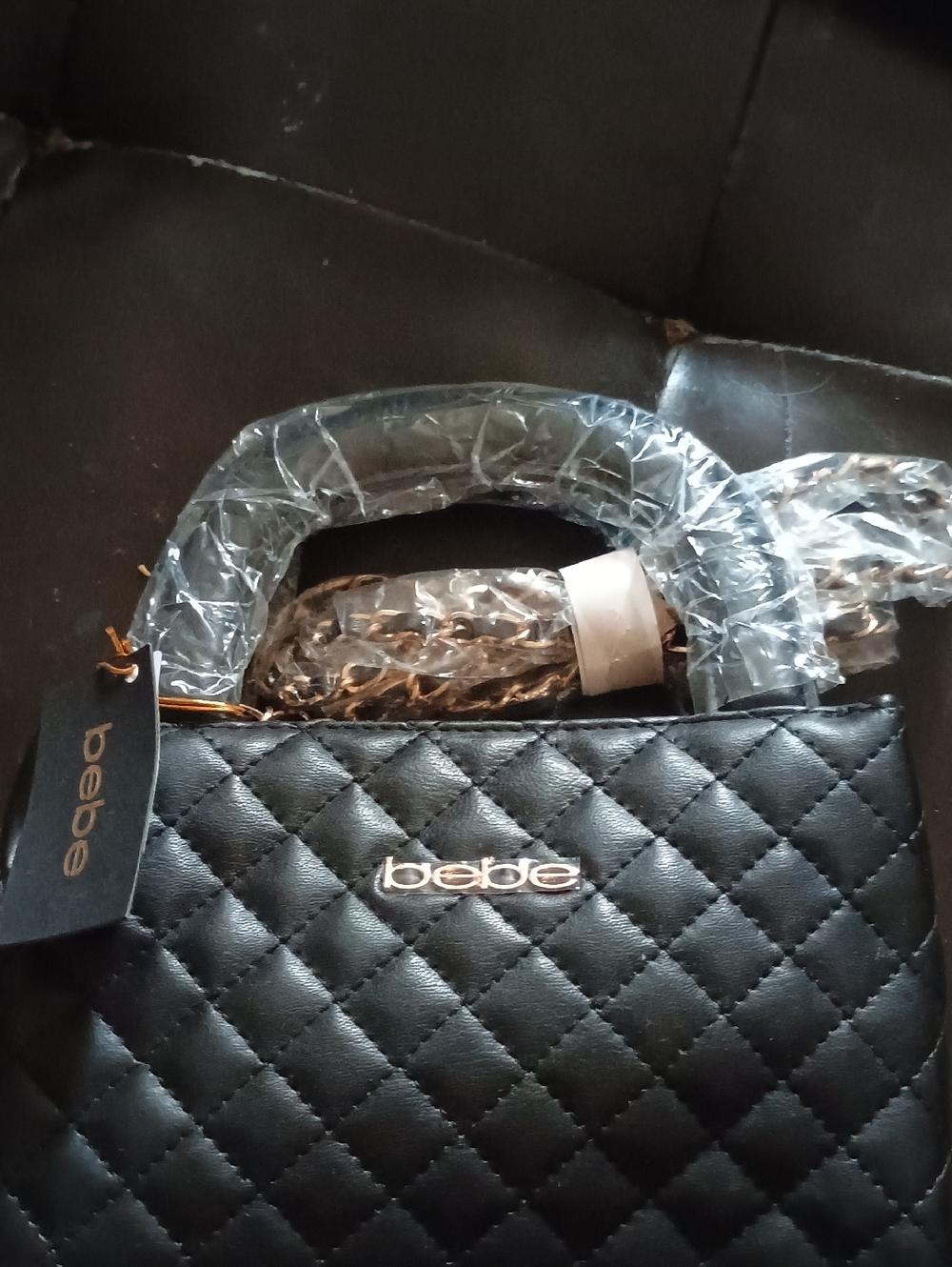 bebe Quilted Black Satchel with Gold-Tone Logo Accent